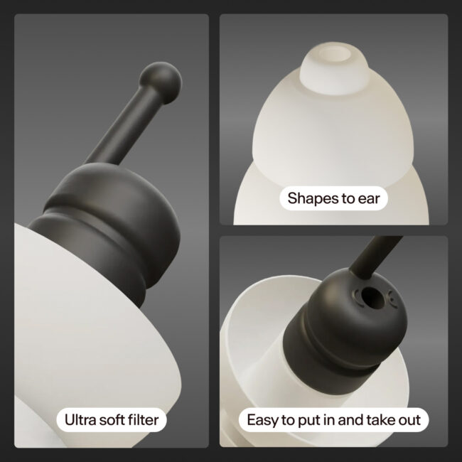 Close-up of Alpine MotoSafe Tour motorcycle earplug soft filter and ergonomic design.