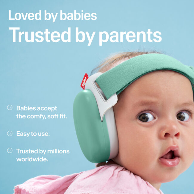 Green Alpine Muffy Baby hearing protection with adjustable headband