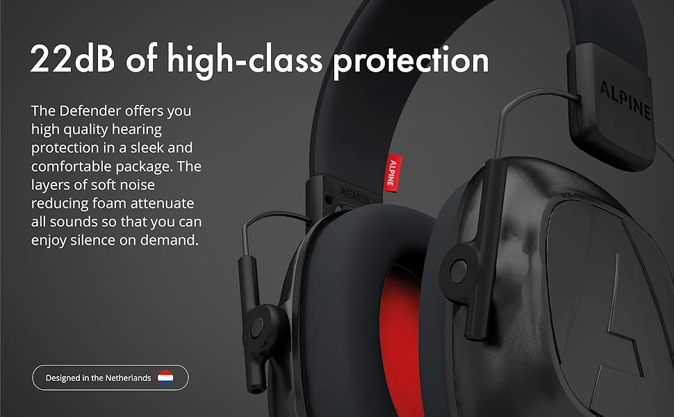 Alpine Defender earmuffs are CE-certified and fully comply with European Union health, safety, and environmental protection standards, specifically meeting the EN 352 standard. These high-end, foldable earmuffs provide an attenuation of 26 dB SNR (Signal-to-Noise Ratio), making them suitable for loud environments.