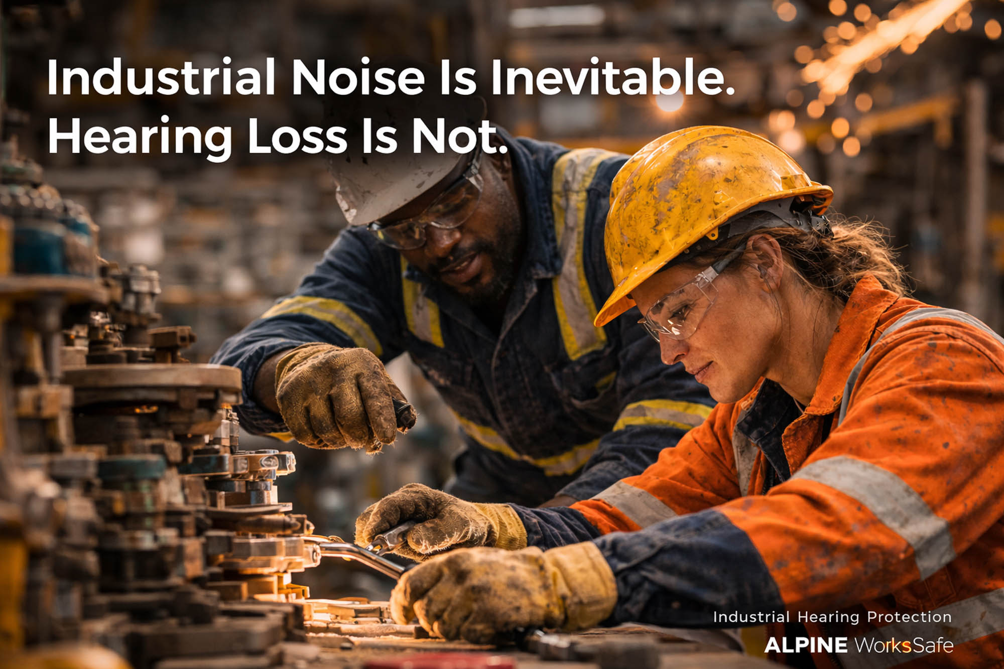 Industrial workers wearing safety gear performing maintenance on machinery in a factory environment, highlighting the importance of workplace hearing protection.
