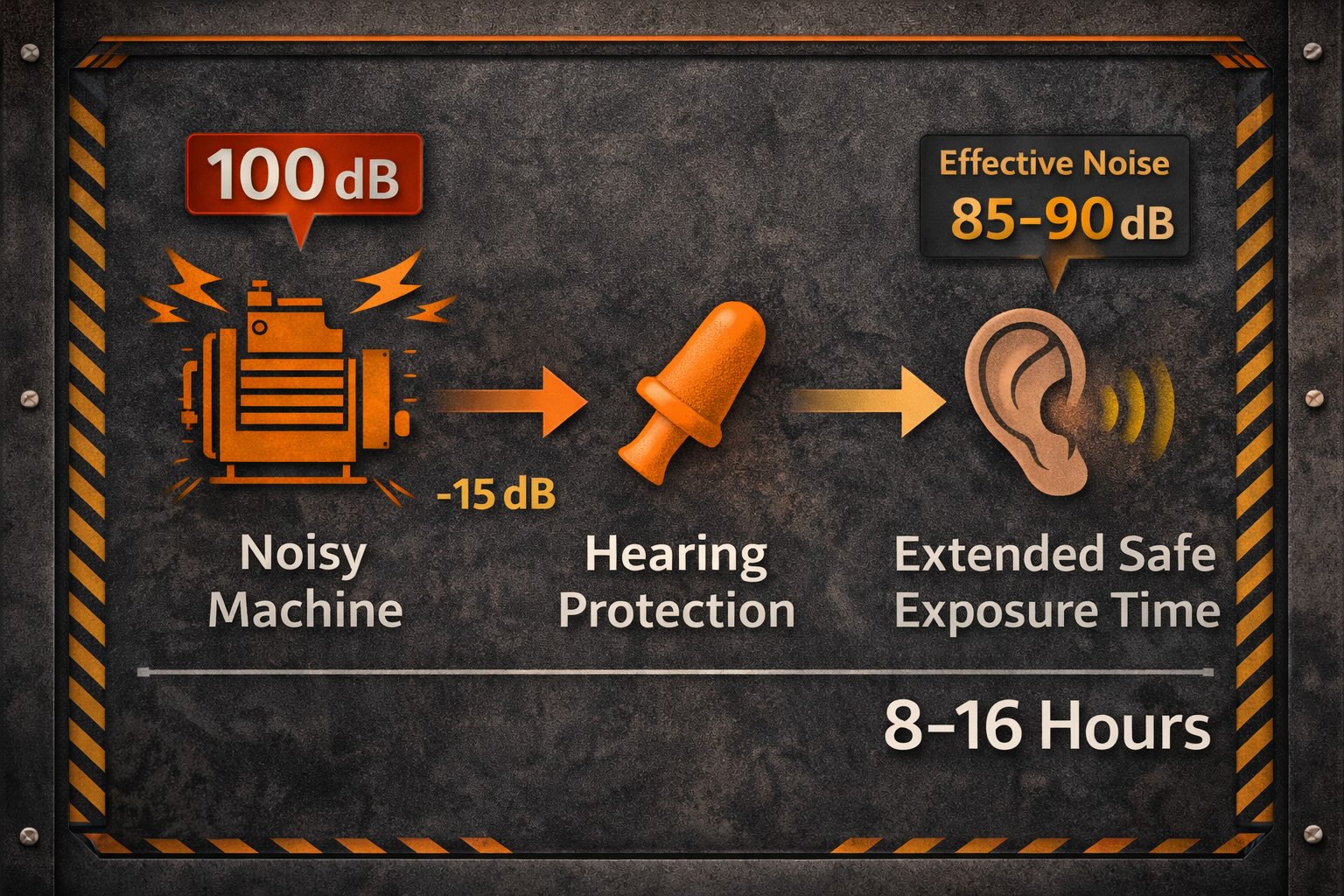 Simple infographic showing how hearing protection reduces workplace noise exposure from 100 dB to safer levels, extending safe listening time for industrial workers.
